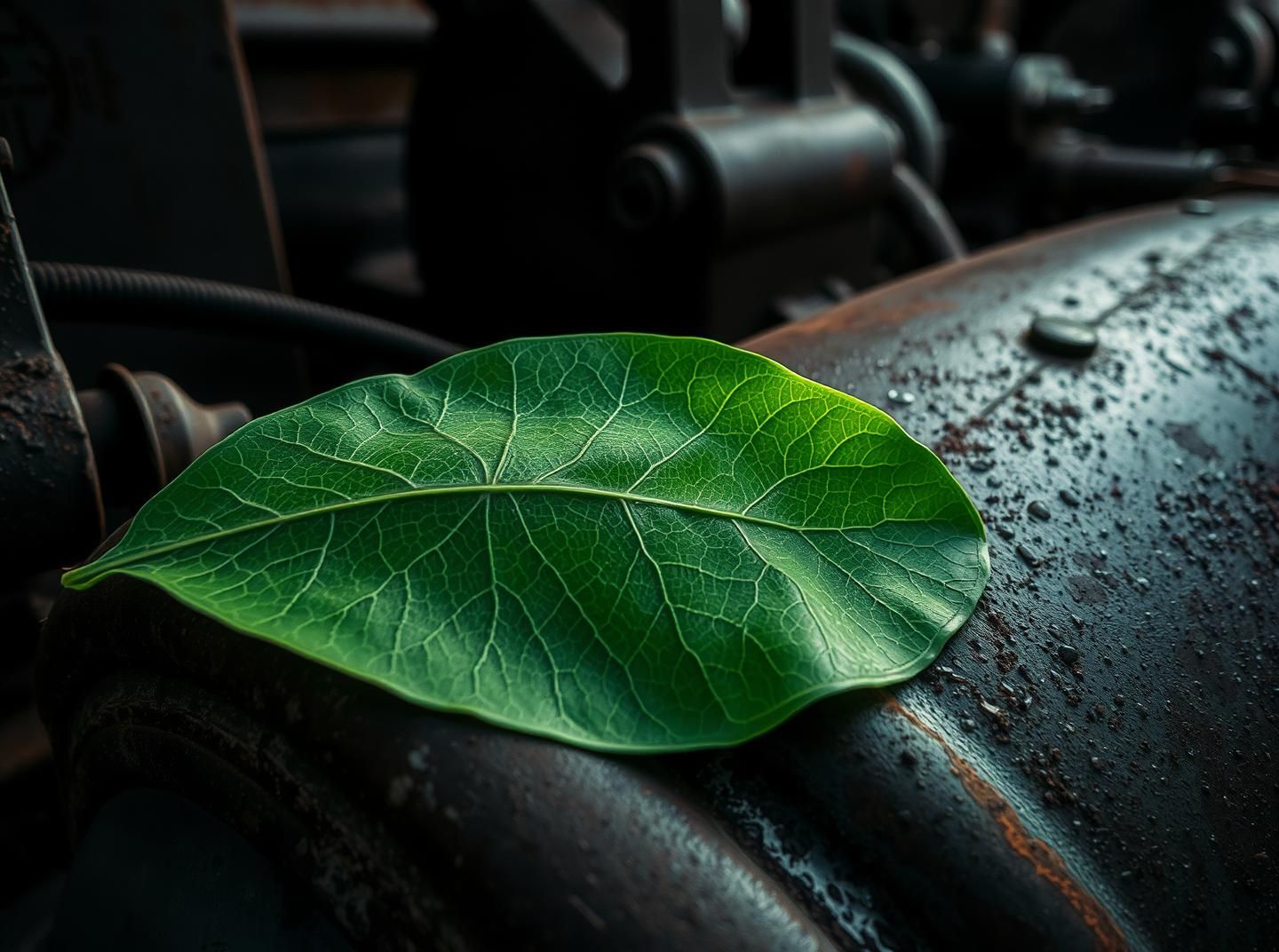 Wabi-Sabi Emerald Leaf on Rust: Serene Beauty & Industrial Harmony in 8K | Unfold Lens