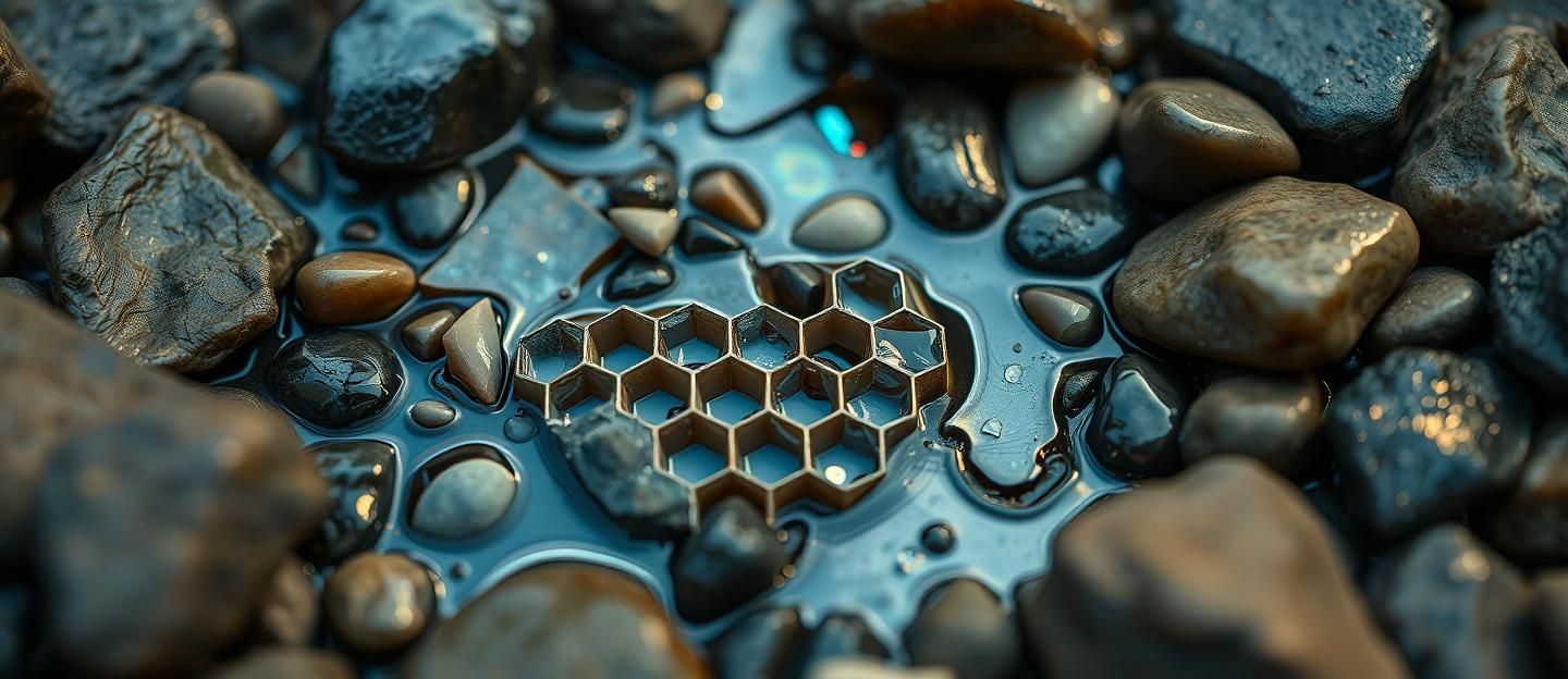 Wabi-Sabi Honeycomb Art: Iridescent River Stones in 8k - Soft Forest Light
 | Unfold Lens