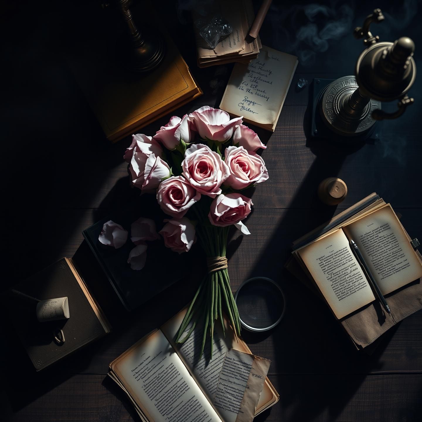 Wabi-Sabi Rose Bouquet on Antique Desk: Timeless Beauty & Transient Bloom 
 | Unfold Lens