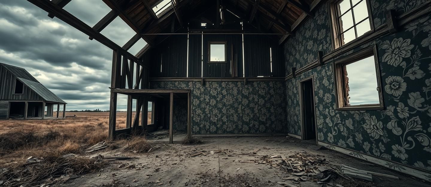 Weathered Farmhouse Wallpaper, Rural Decay HDR Photo, Desaturated Urbex 8K | Unfold Lens