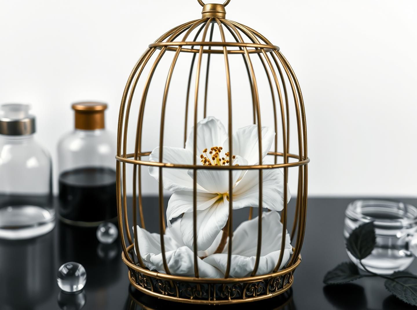 White Flower in Birdcage: Forbidden Beauty, Laboratory Still Life, 8K Art
 | Unfold Lens