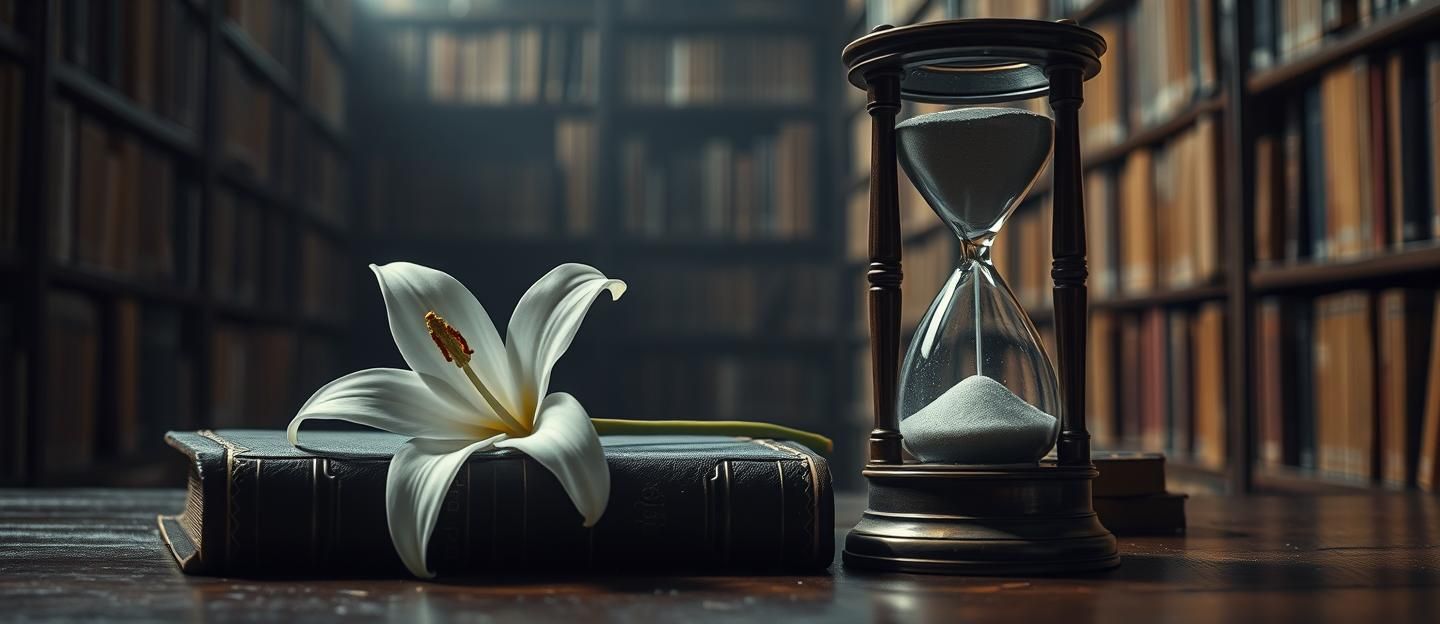 White Lily, Ancient Book & Hourglass: Timeless Beauty & Wisdom in Still Life
 | Unfold Lens