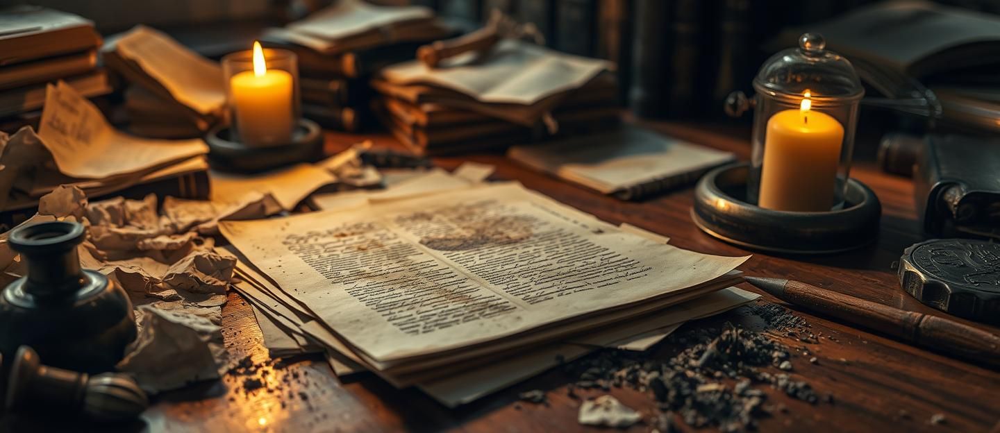 Writer's Desk Chaos: Manuscript Page Amidst Frantic Energy, Candlelight Shadows | Unfold Lens