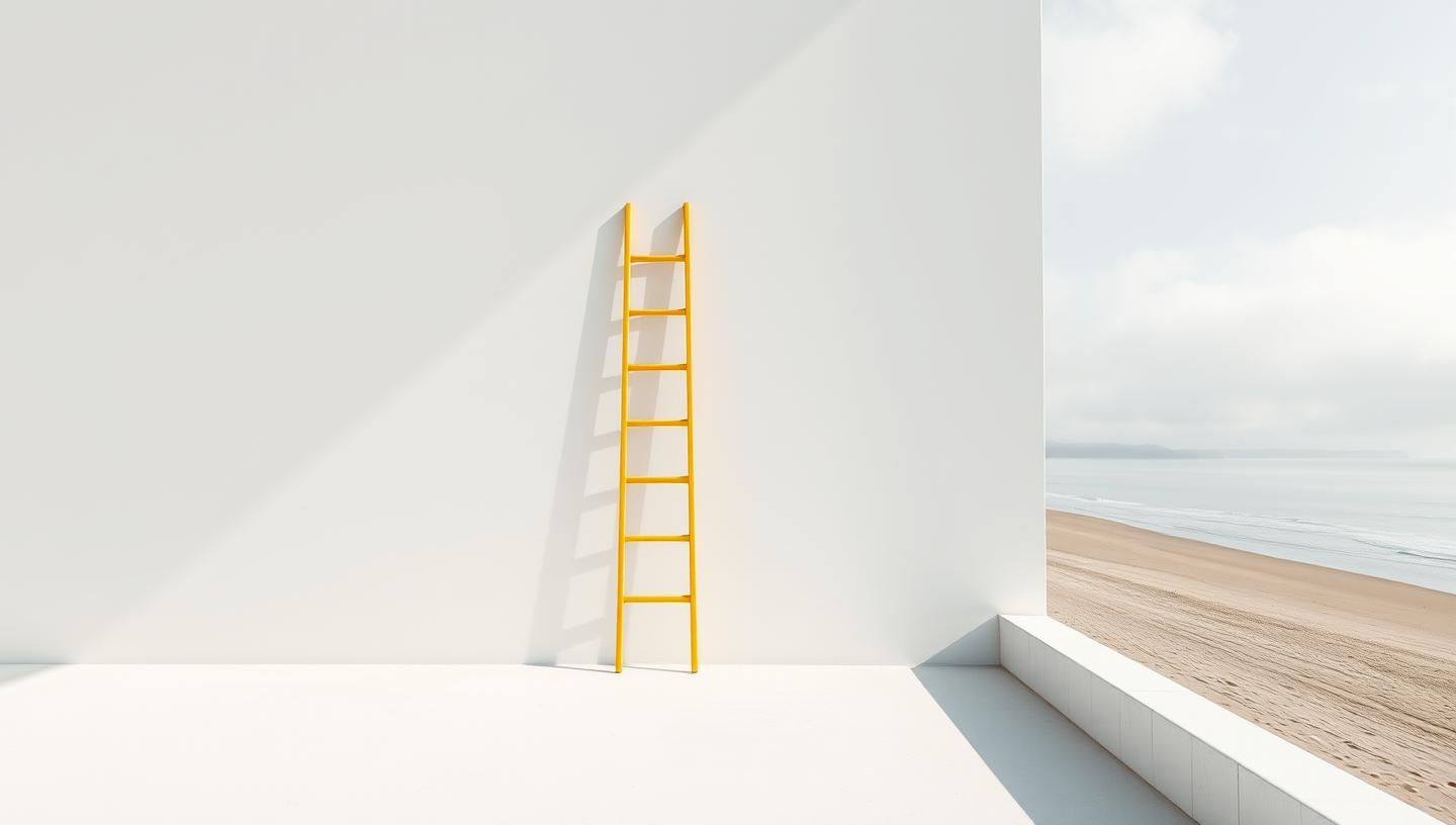 Yellow Ladder Shadow on Beach: Conceptual Serenity in Coastal Light - 8K
 | Unfold Lens
