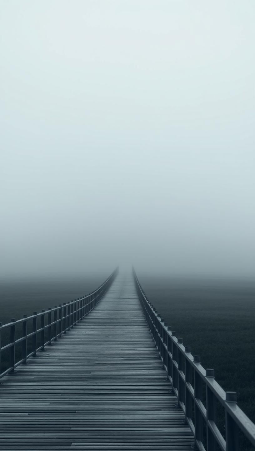 Zen Boardwalk: Misty Japanese Garden, Serene Path, Minimalist Art, 8k HDR | Unfold Lens