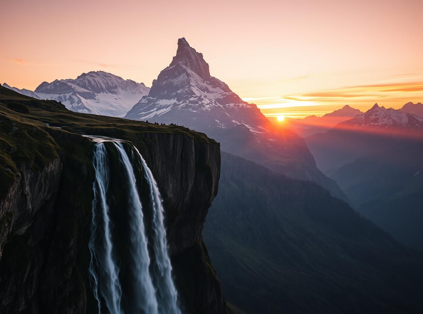 Zermatt Waterfall Sunset, Swiss Alps: Majestic Cascade of Light and Power 
 | Unfold Lens